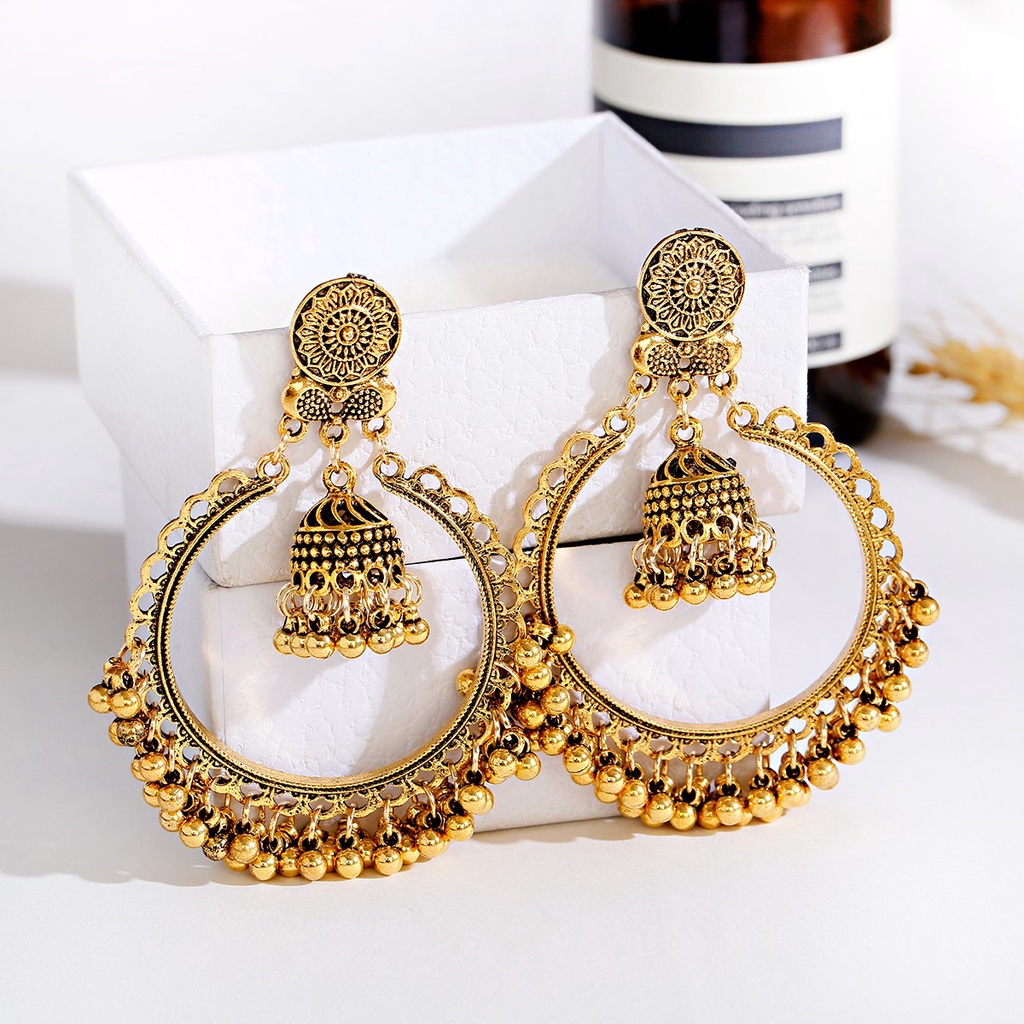 Ethnic Style Vintage Bohemian Earrings Gold Color Alloy Ring Pendant Sun Flower Carved Pattern Beads Tassel Earring 2020 Jewelry