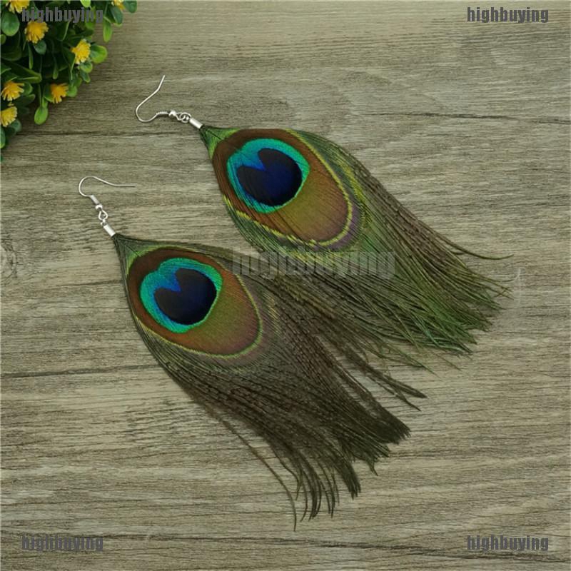 HBMY Fashion New Style Assorted Color Peacock Natural Feather Earrings Drop Earr JOIE