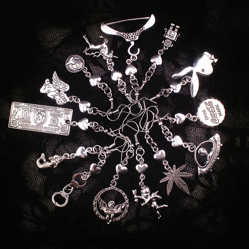 Ready Stock Antique Silver Ins Heart Connect Rabbit Drop Earrings Women Ethnic Letter Robot Shaver Dangle Earring Handcuffs di145