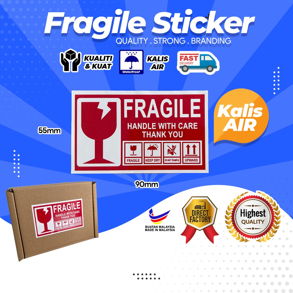 Fragile Sticker Waterproof Stiker Mudah Pecah 90mm x 55mm Packaging ...