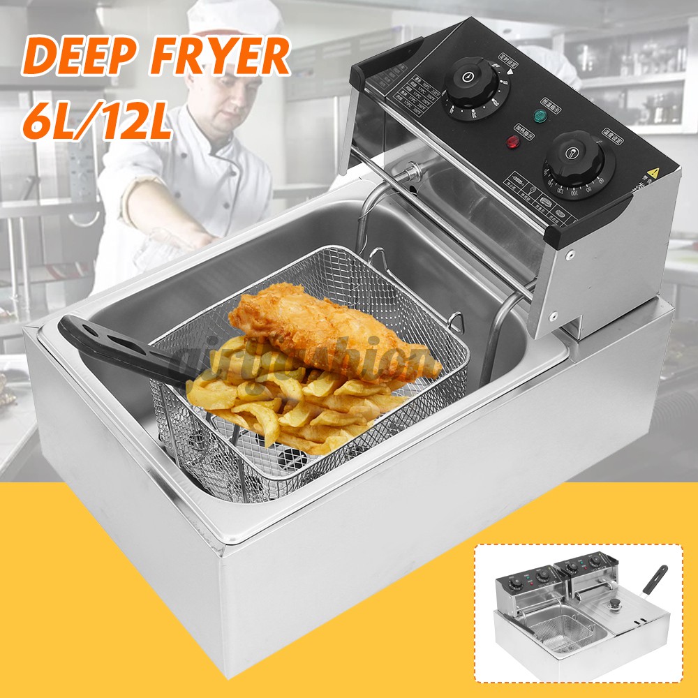 2.5KW Electric Deep Fryer Home Commercial Stainless Steel Kit W/ Basket+Lid 6L 