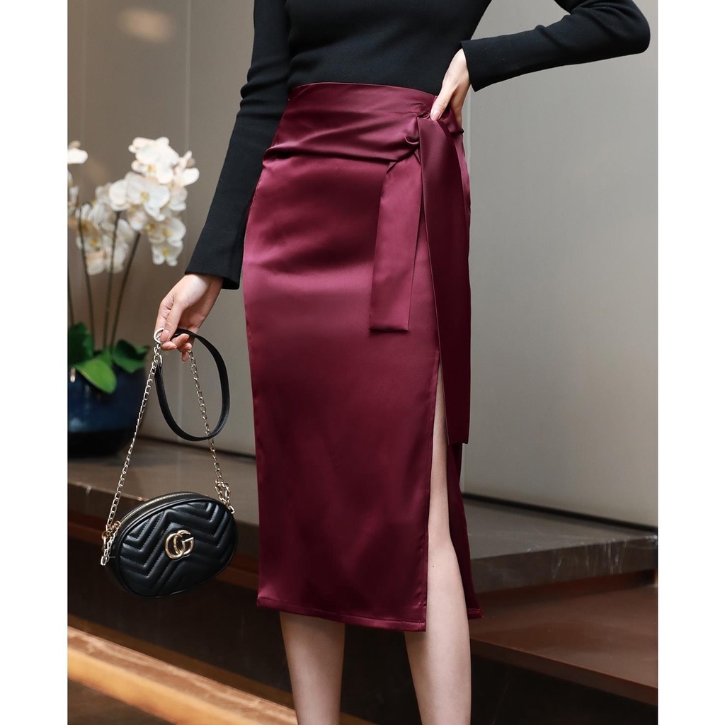 Women Acetate Satin Silk Skirt High Split Skirts With Belt Elegant Sexy Lady Wear Shopee Malaysia 3675