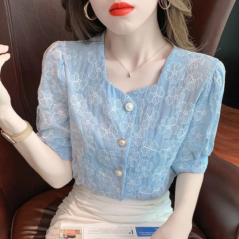 Puff sleeve chiffon shirt women's summer clothes 2022 new trendy chic small shirt temperament thin short-sleeved top clothes