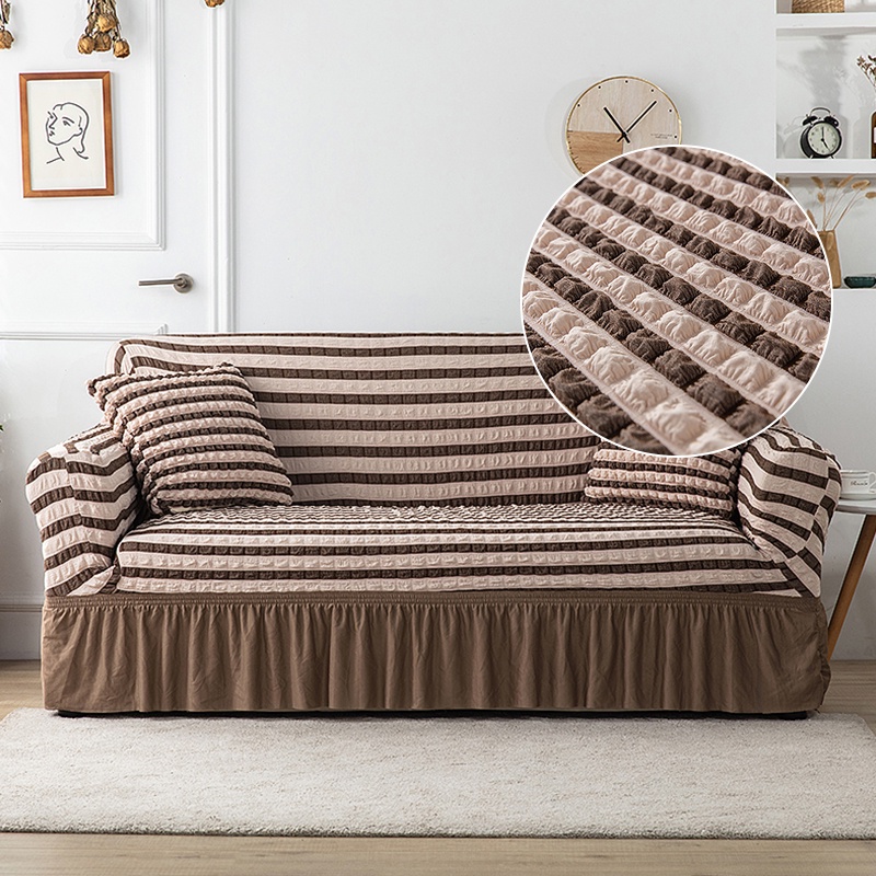 1/2/3/4 Seater Stripe Sarung Sofa Cover With Skirt Seersucker Thicken