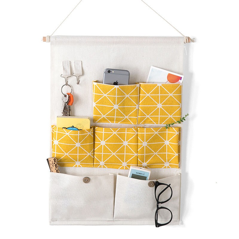 7 Compartments Hanging Wall Storage Bag Cotton Linen Door Organizer Key ...