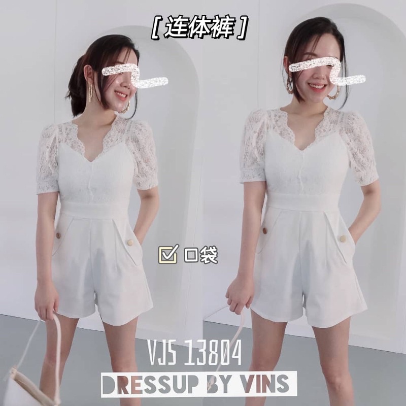 Women Clothing Fashion Lace Short Sleeve Jumpsuit 爆款拼接蕾丝连体裤