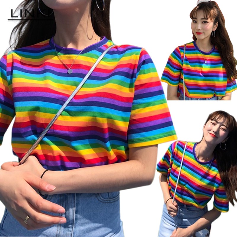 Ready Stock Korean Women Blouse Short Sleeve Rainbow Retro Stripe