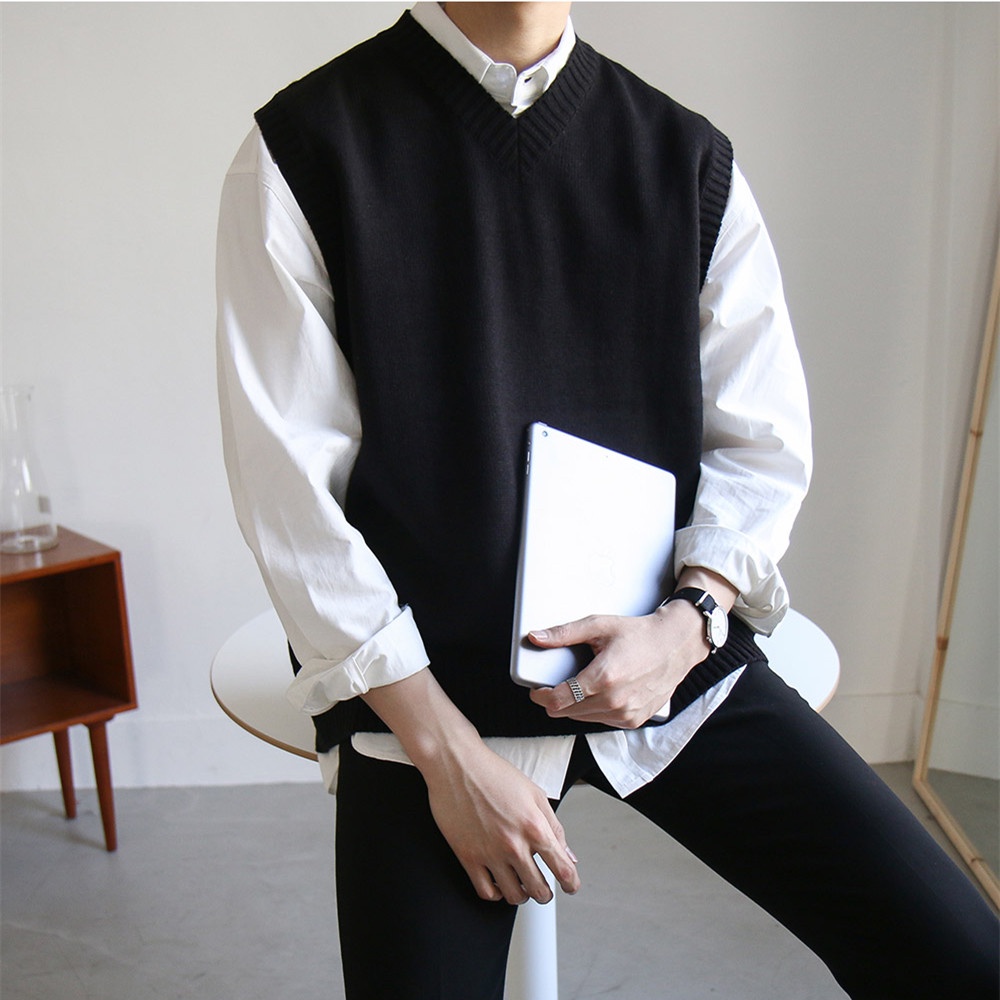 Korean Style Sleeveless Plain Knitwear For Men V-neck Knitted Vest ...