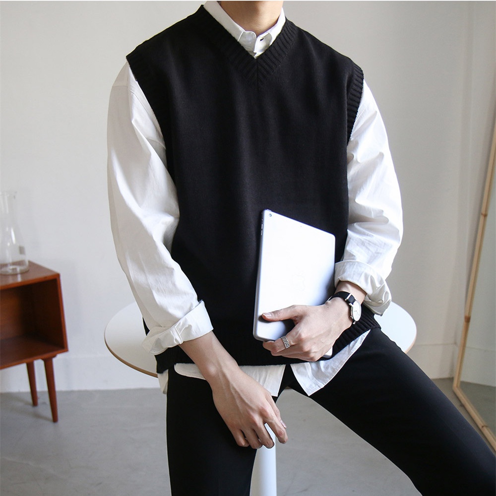 Korean Style Sleeveless Plain Knitwear For Men Vneck Knitted Vest