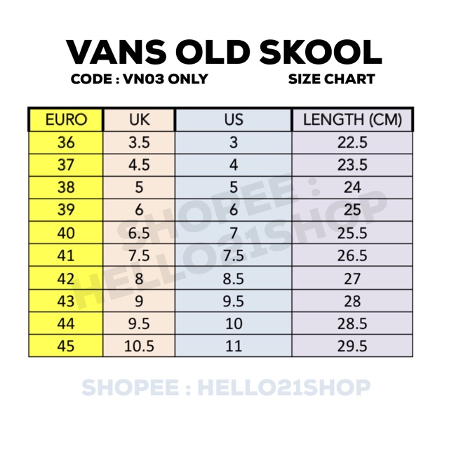 size kasut vans