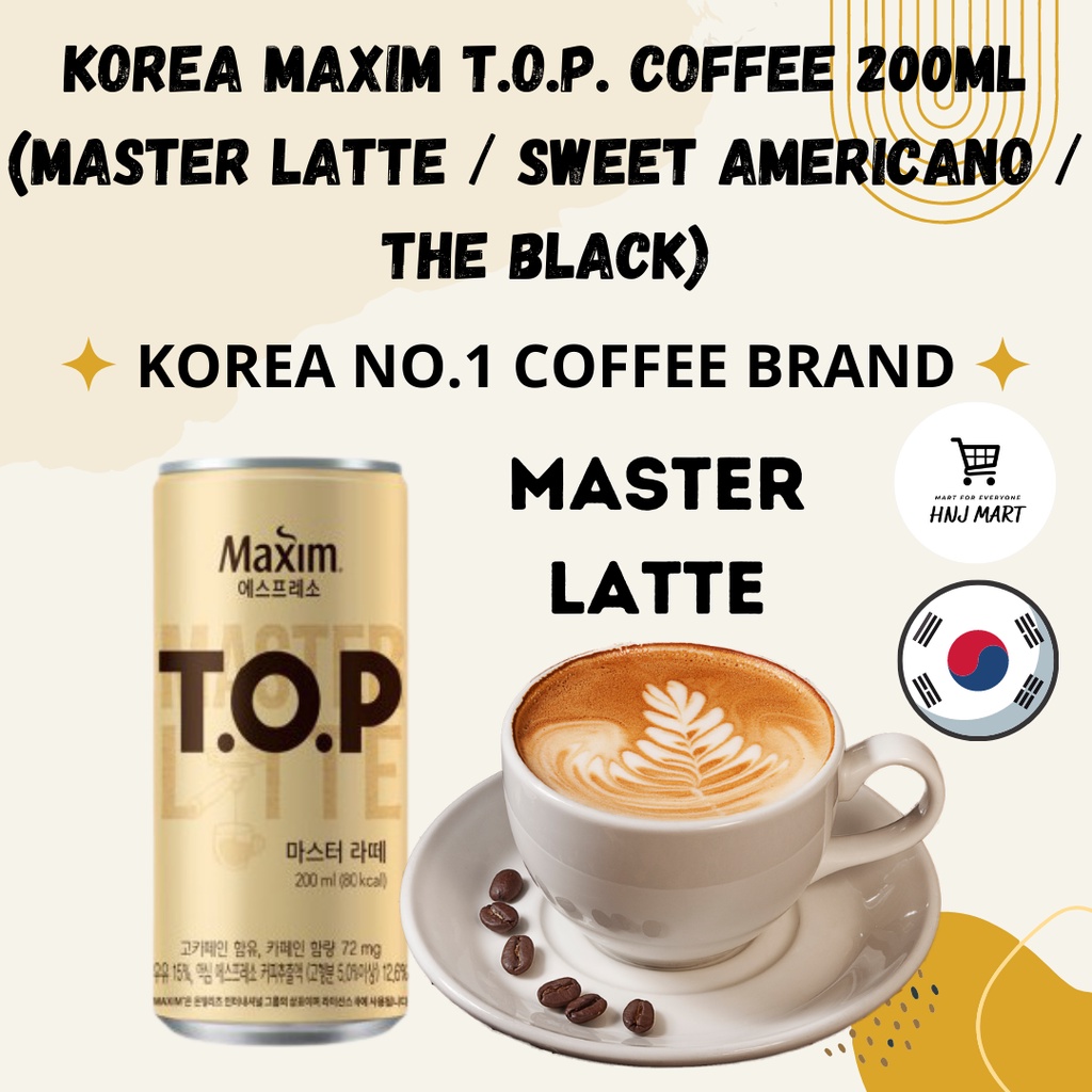 Korea Maxim TOP Coffee 200ml (Master Latte/Sweet Americano/The Black) 韩国麦馨 拿铁┃美式黑咖啡 罐装即饮 咖啡罐装休闲饮品 Canned Coffee 即饮咖啡