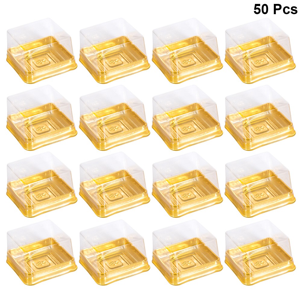 ❤♚❤ 50pcs Plastic Square Moon Cake Boxes Egg-Yolk Puff Container Golden Packing Box (Small)