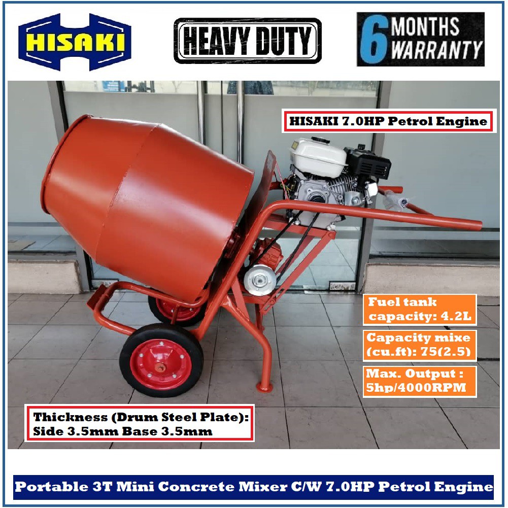 HISAKI/TOKU Portable 3T Mini Concrete Mixer With 7.0HP Petrol Engine