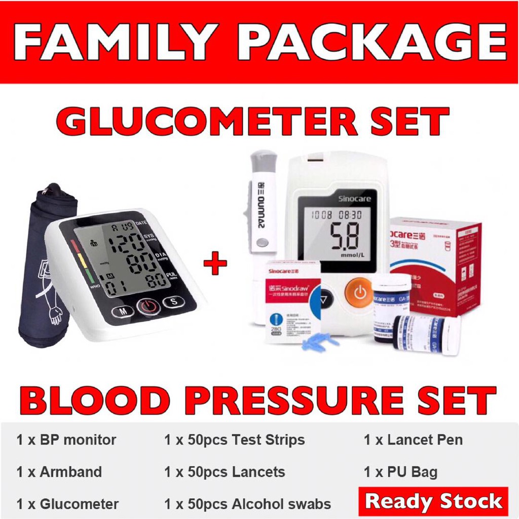 SC Glucometer Mesin Chek Gula Diabetes Blood Glucose Monitor with Strips and Lancets and Blood Pressure Meter BP