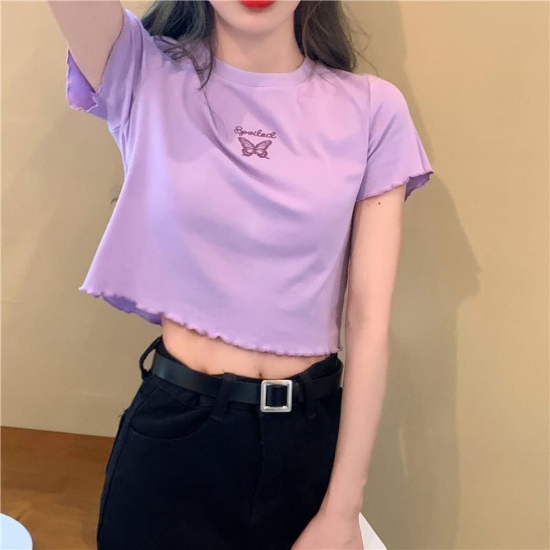 Ready Stock Women Korean Style Butterfly Print Tops Short Sleeve Round Neck Casual Cropped T Shirt