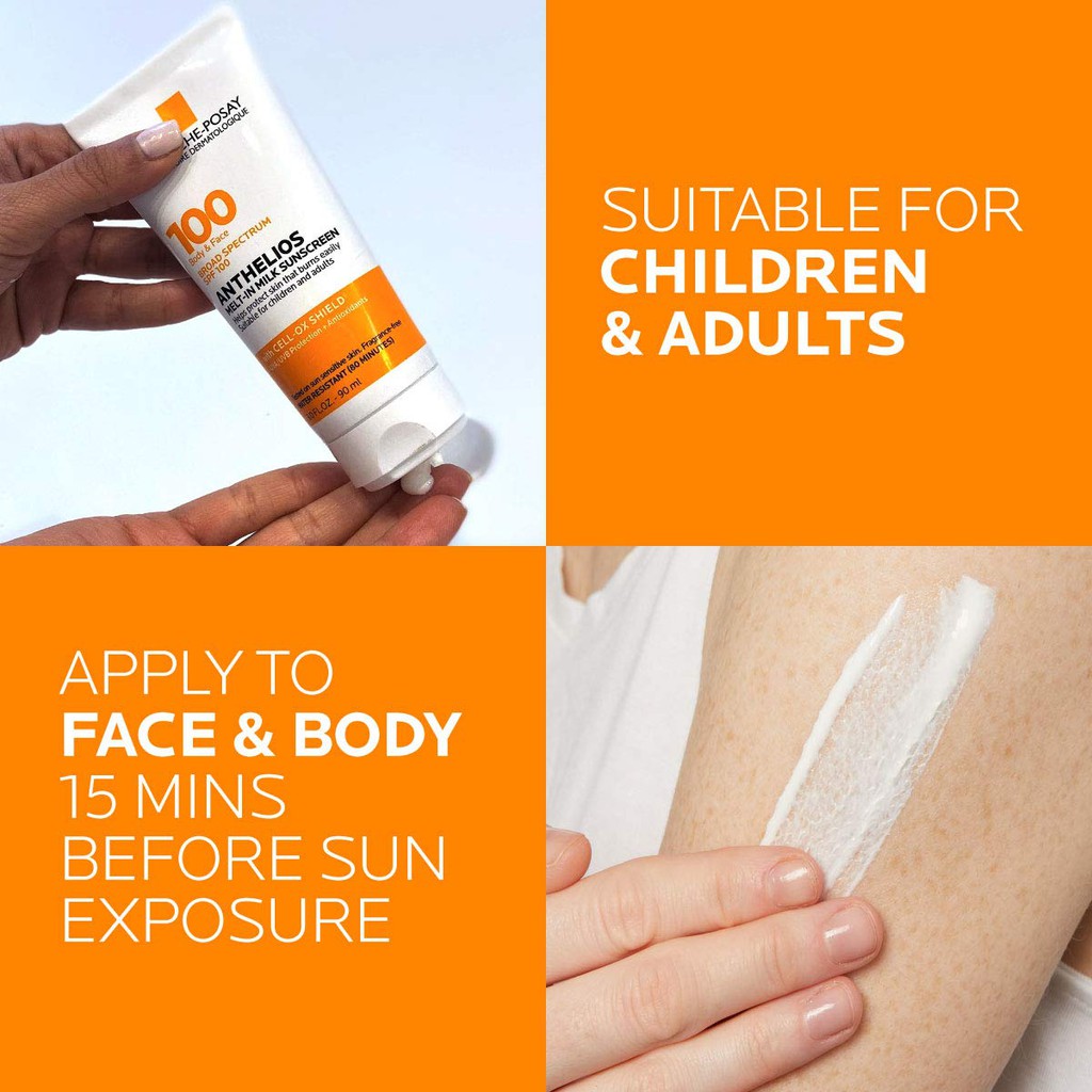 La Roche-Posay Anthelios Melt-in Milk Body & Face Sunscreen Lotion Broad  Spectrum SPF 100, Oxybenzone & Octinoxate Free, Sunscreen for Kids, Adults  & Sun Sensitive Skin, Unscented, 3 Fl oz | Shopee