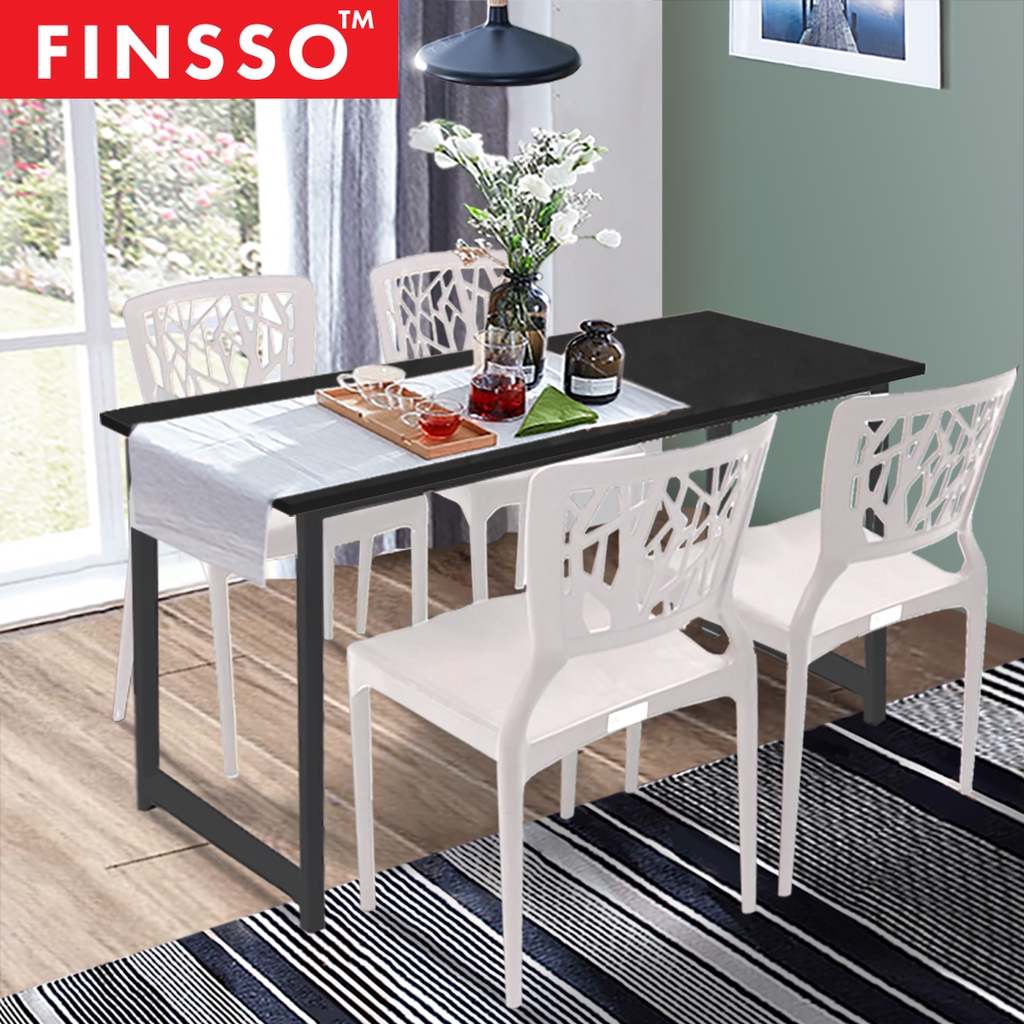 FINSSO: [120x60] Contemporary Dining Table Black Steel with 4 White 3V HIVE Dining Chair