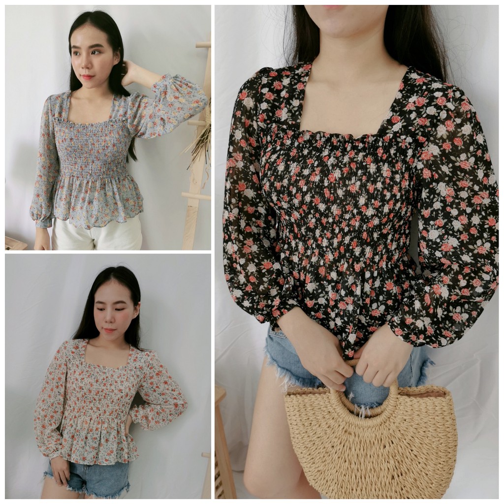 Msia Ready Stock🔥T2009 -Flowery Long Sleeve Flare Top