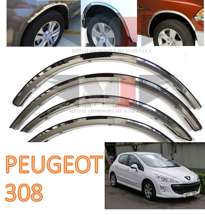 PEUGEOT 308 Fender Arch Trim Stainless Steel Chrome Garnish With Rubber Lining ender Arch Trim Stainless Steel