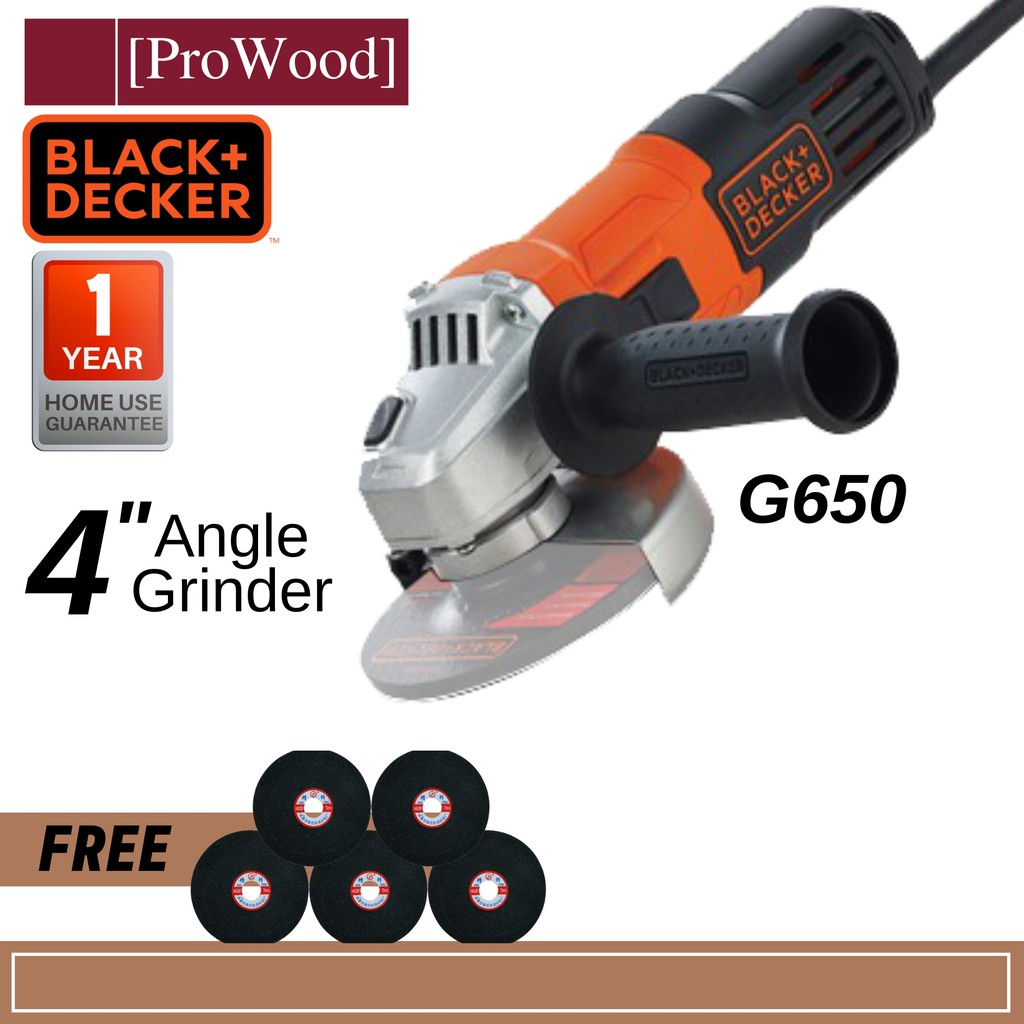 BLACK + DECKER G650 Angle Grinder 650w 12000rpm 100mm ( 4" ) FOC 5Pcs