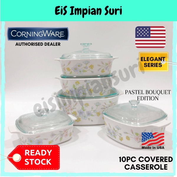 (Ready Stock) Corningware Pastel Bouquet 10pcs Casserole Set (A-501-93) Corak Vintage Cookware Set Periuk Masak