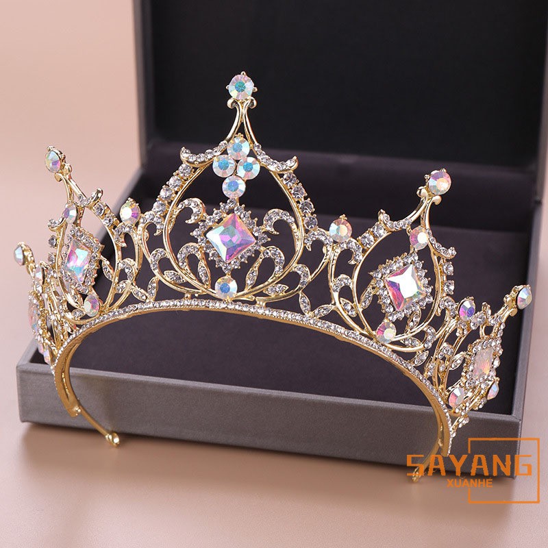 7.5cm High Luxury Crystal Beads Gold Tiara Crown Wedding Party Prom Pageant 