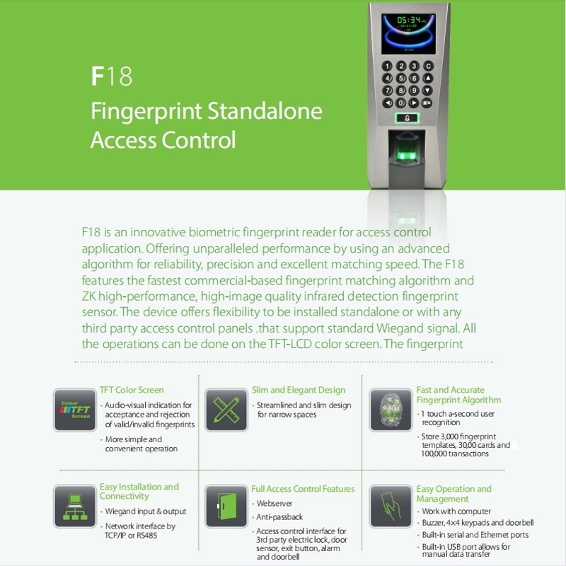 ZKTeco F18 Biometric Fingerprint RFID Access Control Keypad System