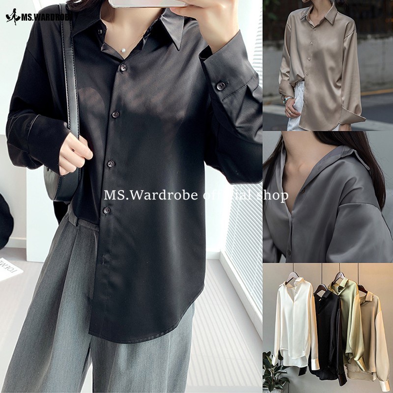 Ready stock Women Baju Raya 2021 Women Satin Blouse Long Sleeve Loose Retro Shirt Fashion Temperament Simple Plain Tops