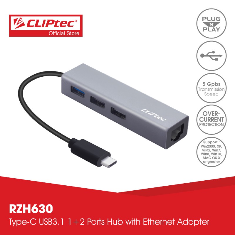 Cliptec Type C Usb Ports Hub With Ethernet Adapter Rzh