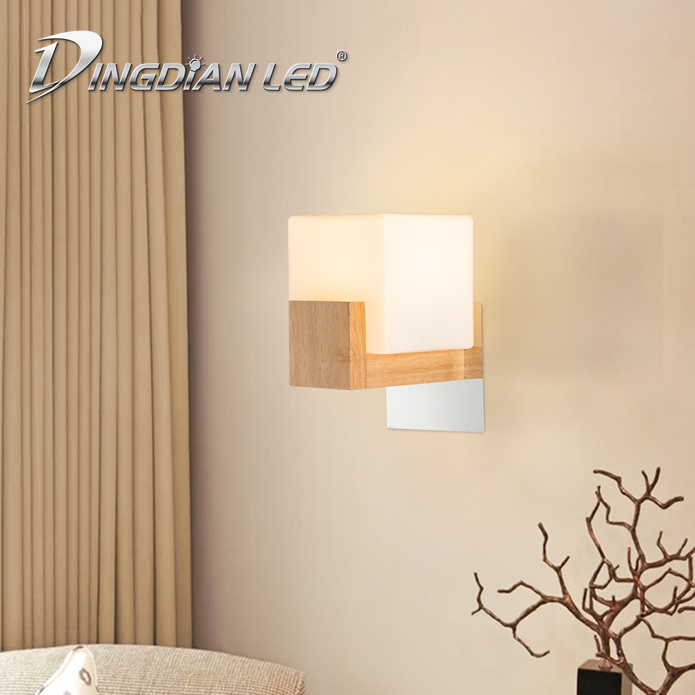 Dingdian LED Solid Wood Wall Light AC220V E27 Glass Simple Lampshade