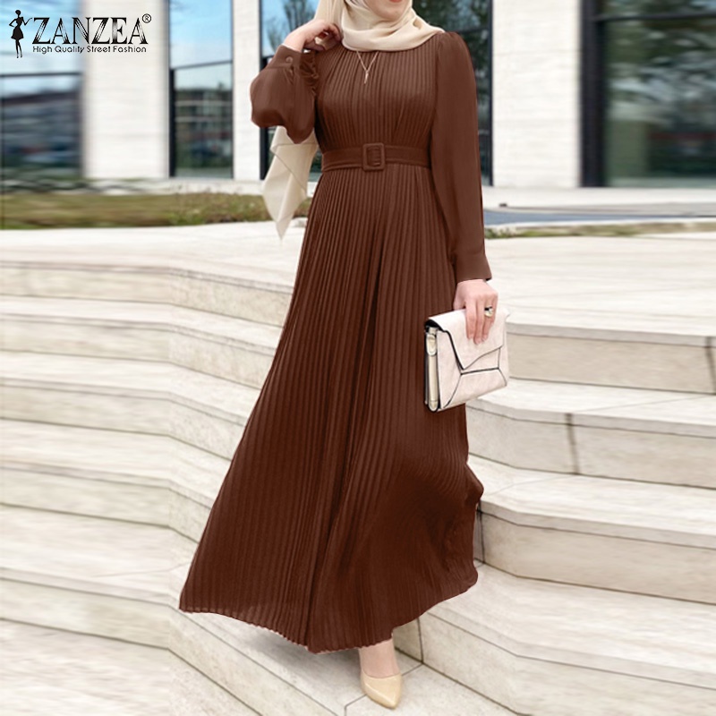 ZANZEA Women Fashion Casual Solid Color Long Sleeve O Neck Retro Muslim Maxi Dress With Belt #4