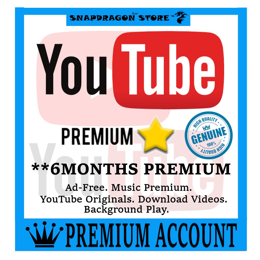 YouTube Premium **6Months** Watch YouTube without ads. Enjoy YouTube