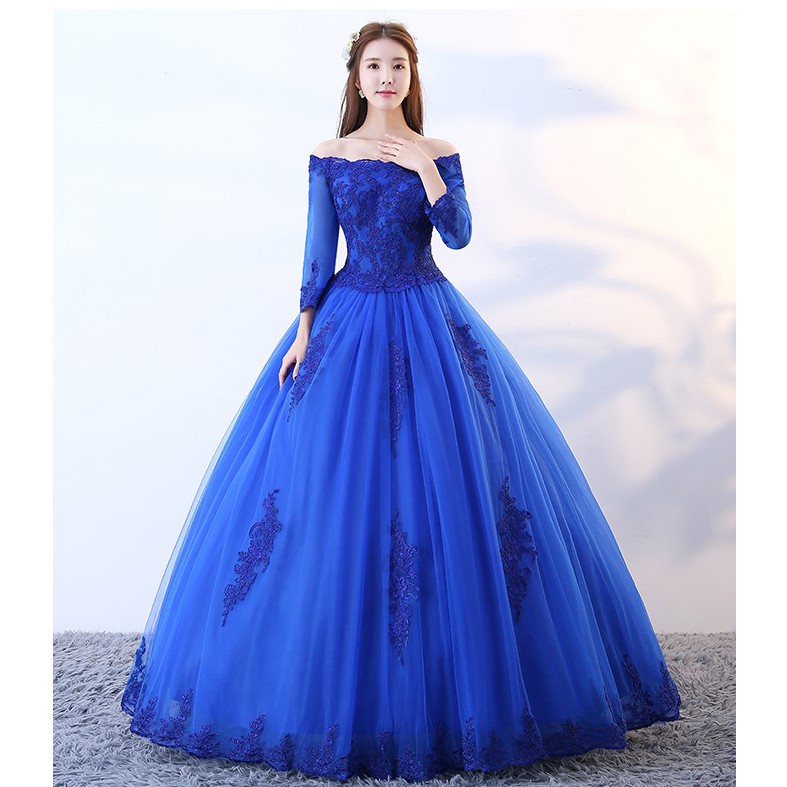 S~2XL Off Shoulder Royal Blue Floral Prom Pre Wedding Bridal Puffy ...