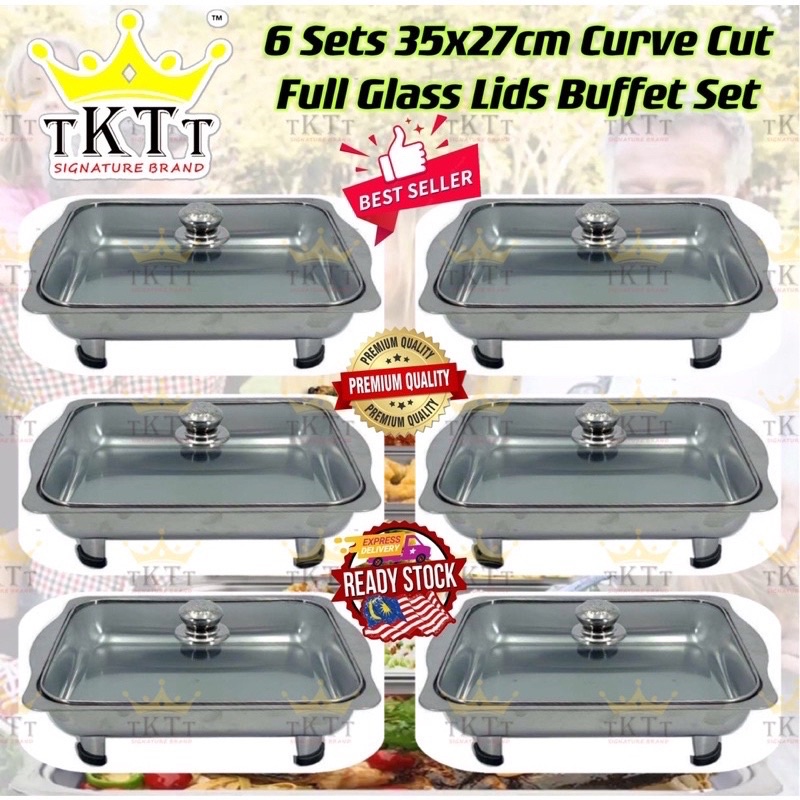 TKTT ™️ 6 Set 35x27 Glass Lid Stainless Steel Buffet Set Catering Serving Tray  Food Pan Bekas Lauk Katering Serbaguna