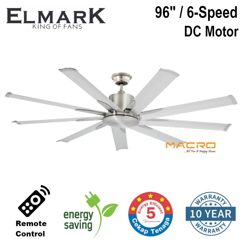 Elmark 9he96 96 Inch 9 Blade Remote Ceiling Fan 6 Speed Silent Dc