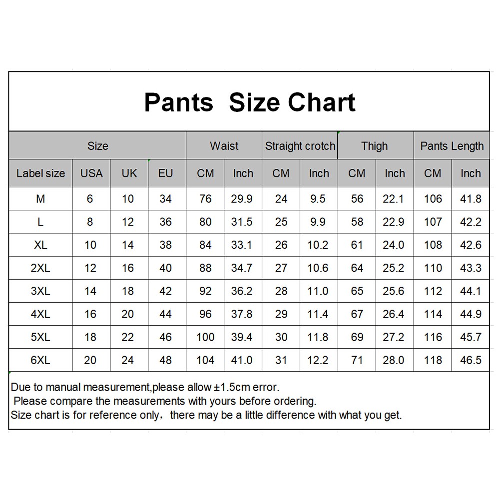 6xl pants size chart