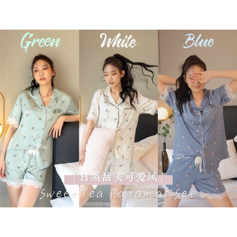 SweetNothings. SweetTea Silk satin Pajamas Set Baju Tidur pants cute pajamas Set satin fabric silk satin short sleeve