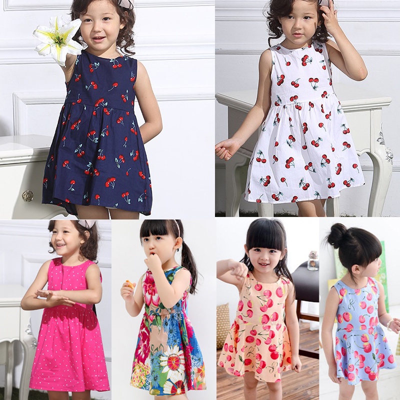 Ready Stock1-5Years Baby Girls Dress Fashion Children Sleeveless Cherry Print Skirt Cotton
