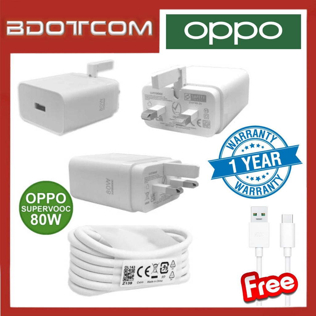 OPPO SUPERVOOC 80W 3 Pin UK Fast Charger Plug With USB-C Cable | Shopee ...