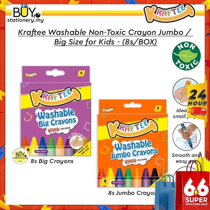 Kraftee Washable Crayon Non Toxic Jumbo Big Size Safe for Kids -(8s/BOX)[Spend RM70 for Free Gift] Colour Art Set Krayon