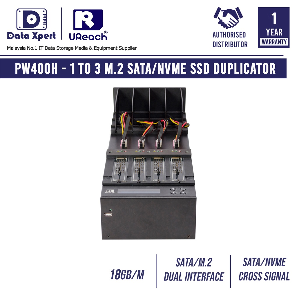 U-Reach PW400H 1 to 3 M.2 SATA/NVME SSD Duplicator & Data Eraser