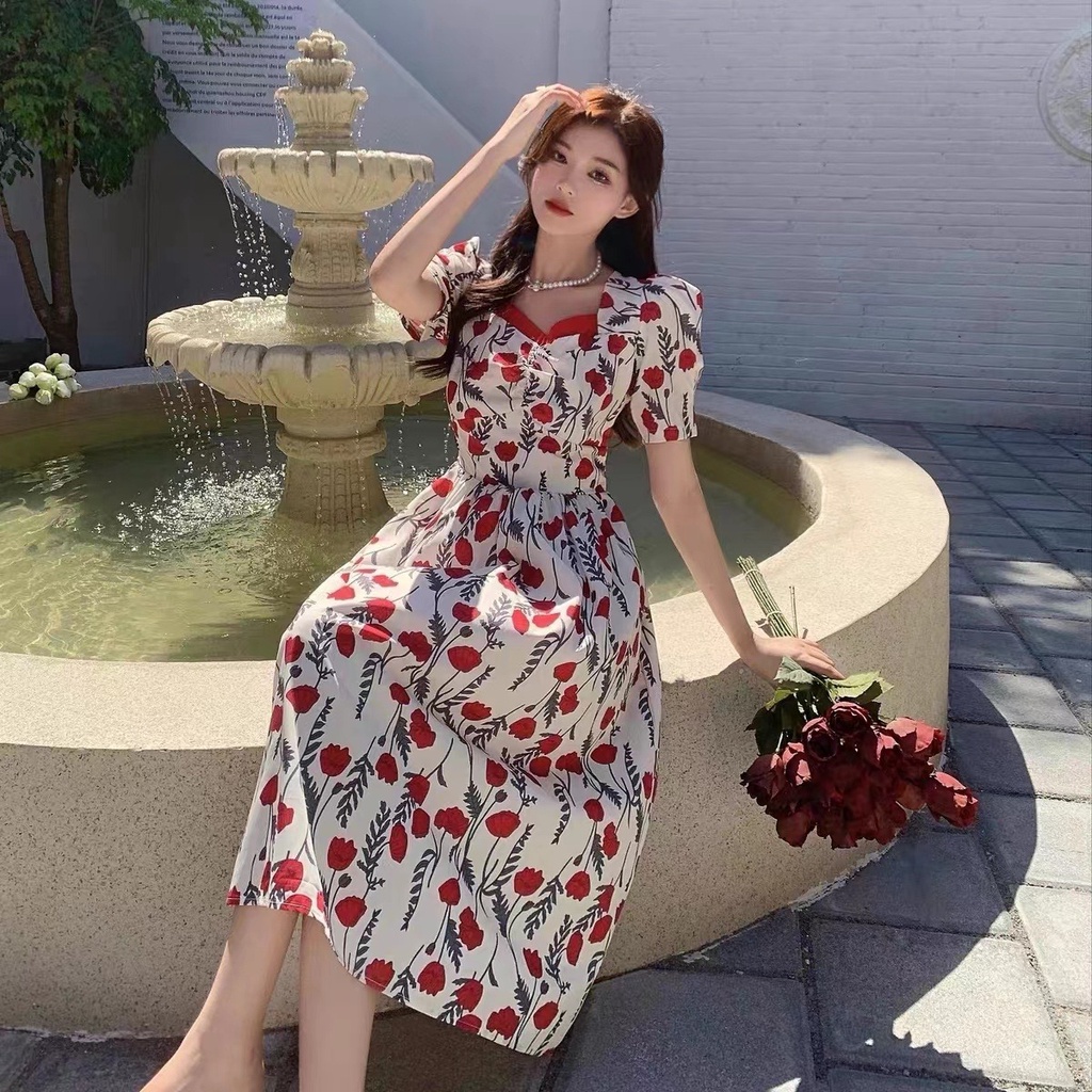 Romantic and elegant rose dress summer 2022 new square neck high waist sweet midi skirt