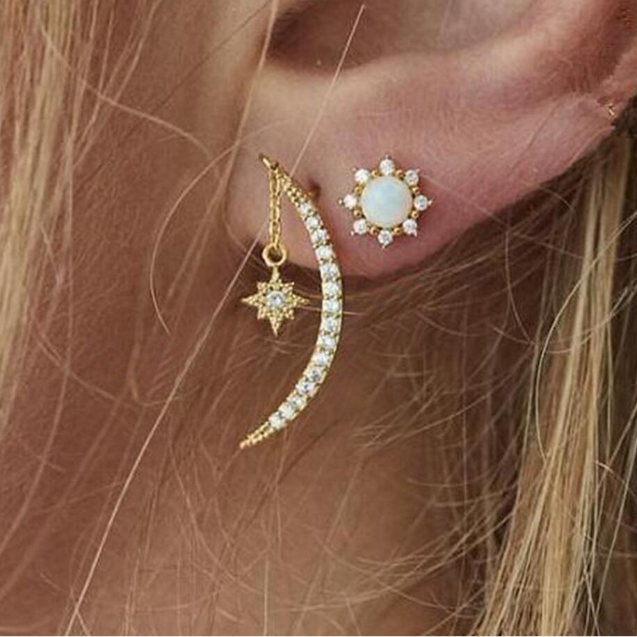 Women lady Yellow Gold Filled Moon or Star Shape Crystal Rhinestone Stud Earring 