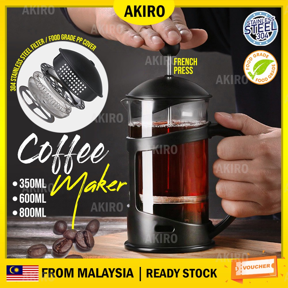 AKIRO 350/600/800mL French Press Coffee Maker 304 Stainless Steel Borosilicate Glass Teapot Pembancuh Kopi 咖啡壶