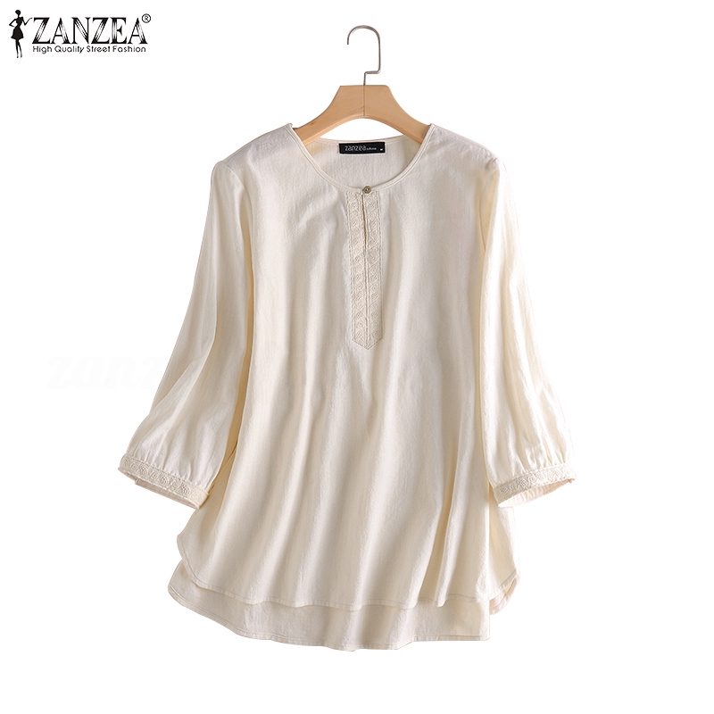 ZANZEA Womens 3/4 Sleeve Casual Loose Cotton Linen Blouse | Shopee Malaysia