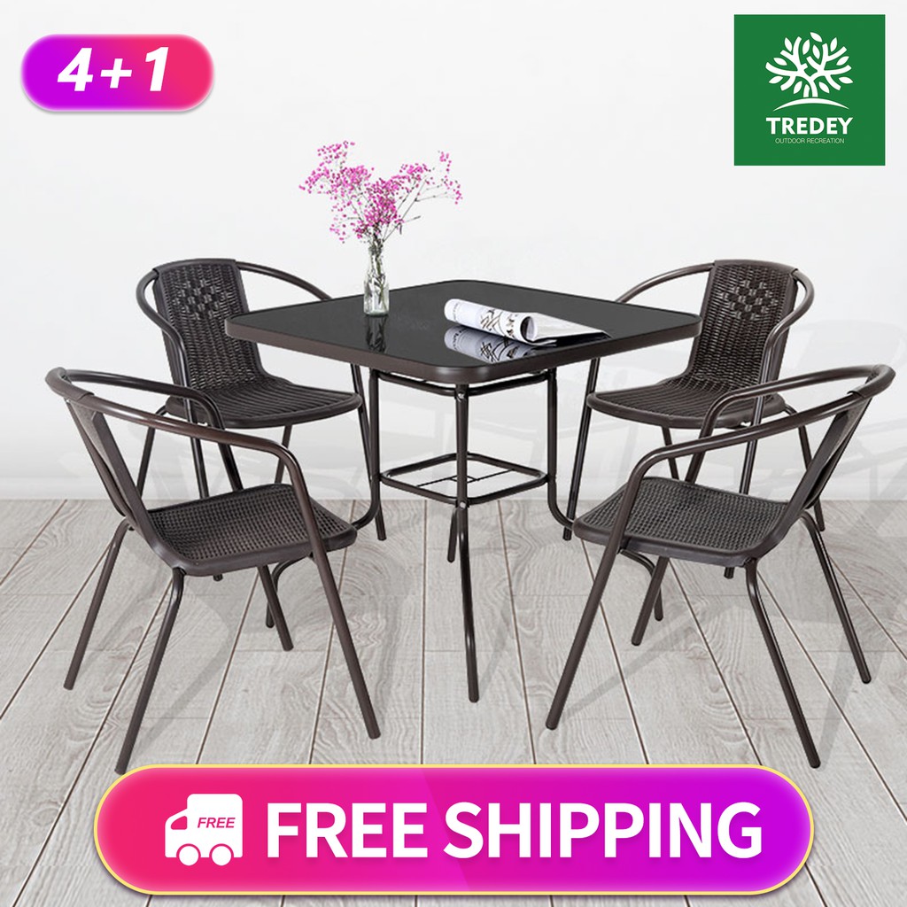 TREDEY Outdoor Furniture Garden Set 4 Chairs + 1 Square Black Table For