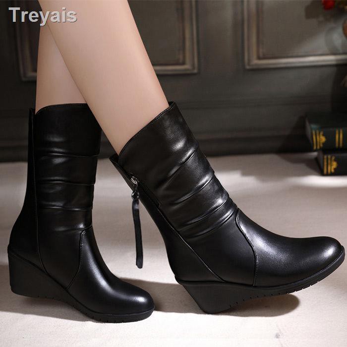 leather slope heel boots