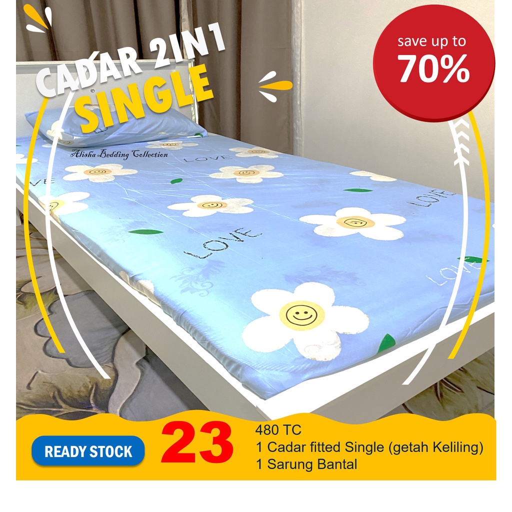 Set Sarung Bantal Dan Cadar Tilam Bujang Katil Single 2 Dalam Satu Ada Getah Bucu Cotton Ready