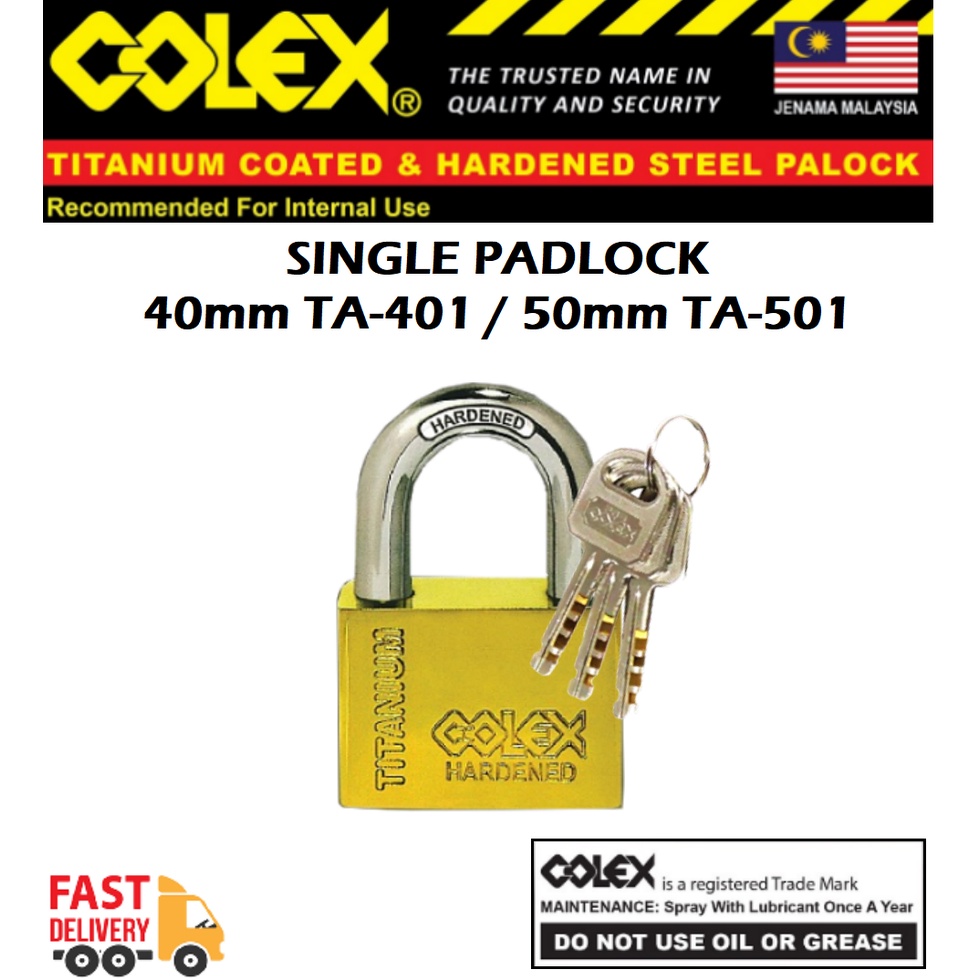 COLEX Padlock 40mm 50mm TA401 TA501 Titanium Coated Padlock Kunci Mangga Heavy Duty