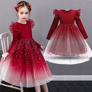 baby girls dress red Christmas dress Girls Birthday Party Dress Lace Princess Dress Kids Fly Sleeve Spring Clothing Children Wedding Formal  Red Ball Gown 8 Yrs
